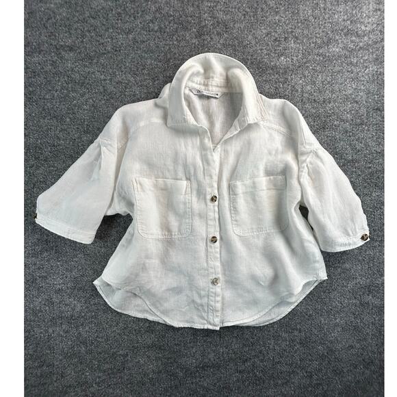 Zara Tops - Zara Women's White Linen Blend Button Shirt Roll Tab Sleeve Size Medium
